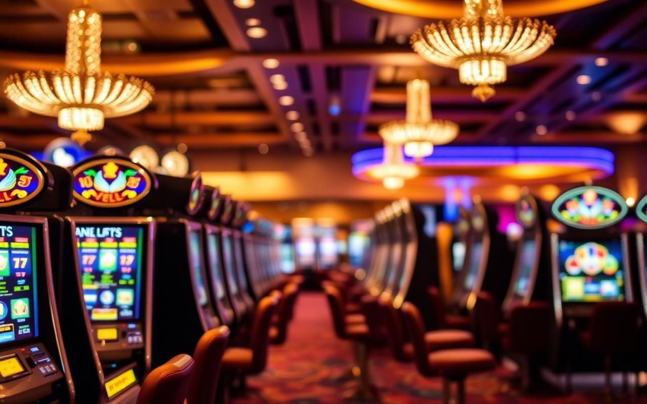 Casino slot machines glowing in warm light